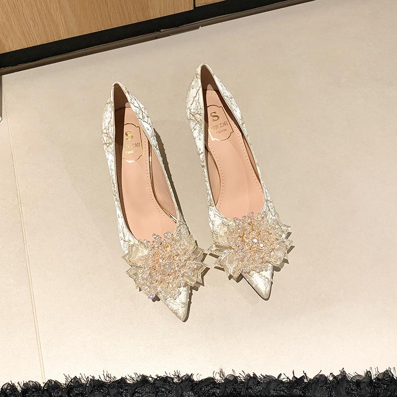 Single Shoes Women's Summer 2025 New Spring Autumn Shoes Crystal High Heels Wedding Shoes Versatile Rhinestones Full Diamonds High Heels Are Not Tired