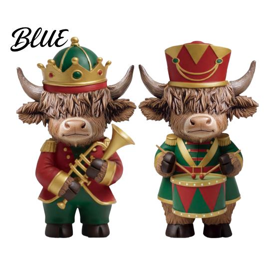 Rustic Holiday Fireplace Accents 2 Pcs Christmas Nutcracker Highland Cow Figurine Wooden Scottish Cattle Statue with Trumpet Winter Window