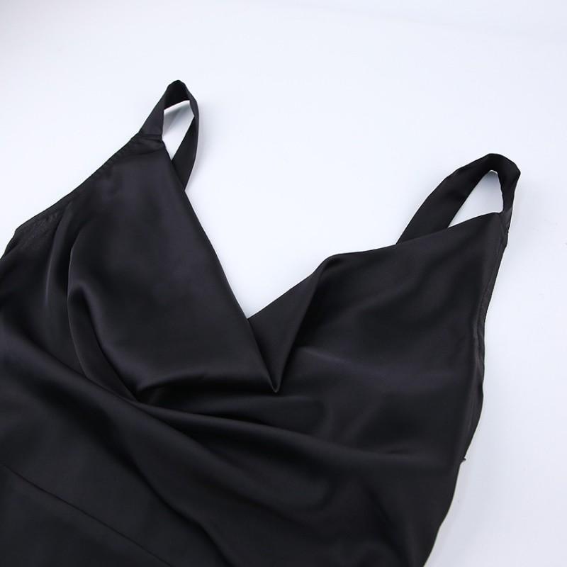 Black Satin Slip Dress Elegant Evening Gown High Waist Long Length Solid Color S M L