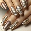 24pcs Elegant Ballerina Press-On Nails Set - Long, Glossy Coffee Brown with Golden Floral Accents, Includes Jelly Adhesive & Nail File