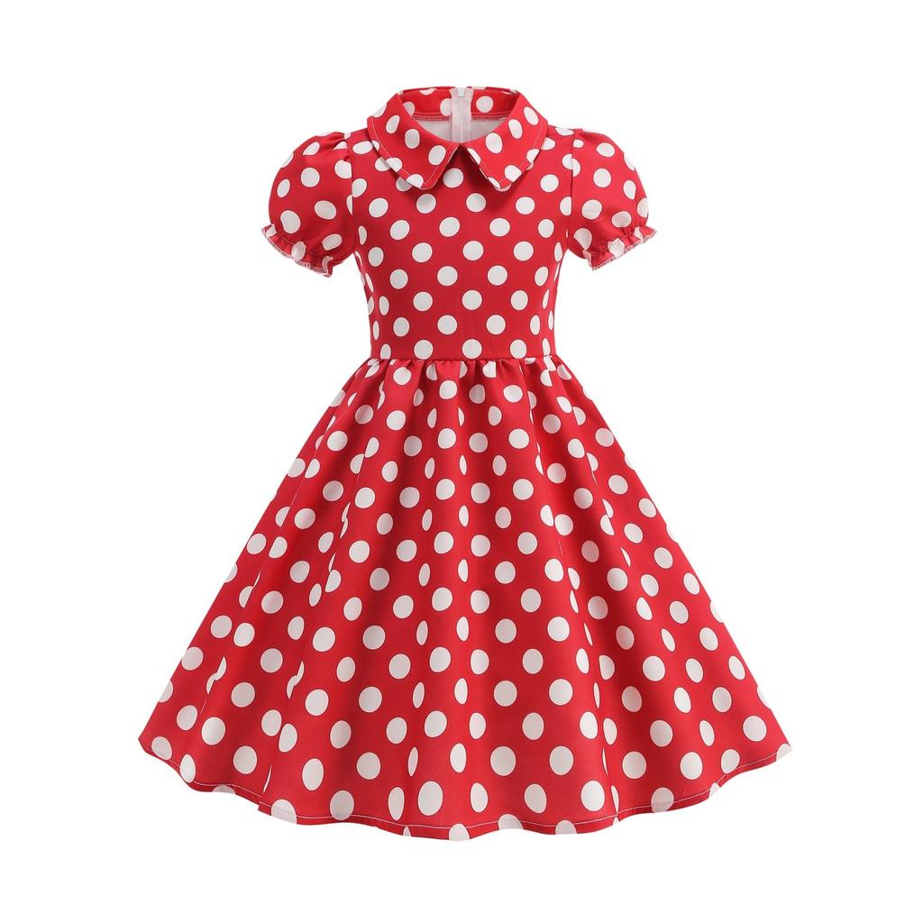 Fashion Children's Short-sleeved Polka Dot Dress With Baby Collar