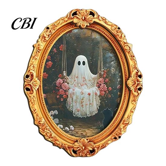Decorative Magnetic Decor Halloween Ghost Fridge Magnet, Vintage Oval Frame Refrigerator Magnet Wooden Kitchen Decoration Accessories, Party