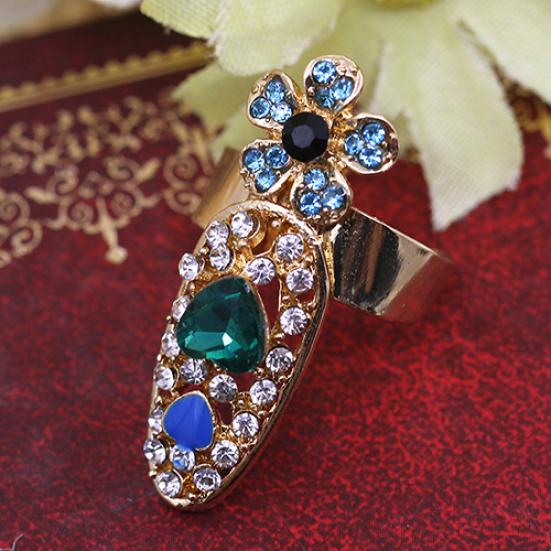 Женская мода Rhinestone Flower Crown Bowknot Finger Tip Nail Cover Ring