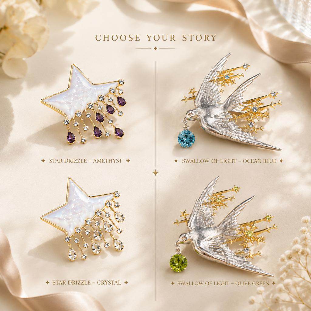 Vintage Celestial Brooch for Women Star & Swallow Crystal Brooch Pin Elegant Statement Jewelry Romantic Gift for Her