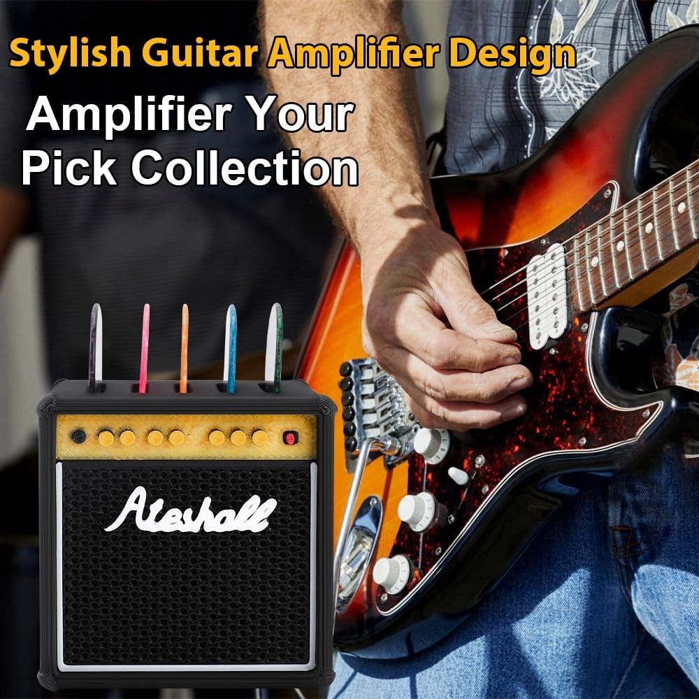 Guitar Picks Holder Box, Amp Speaker Pick Holder with 5 Celluloid Guitar Picks, Guitar Pick Storage Box Set for Guitar, Bass, Uk
