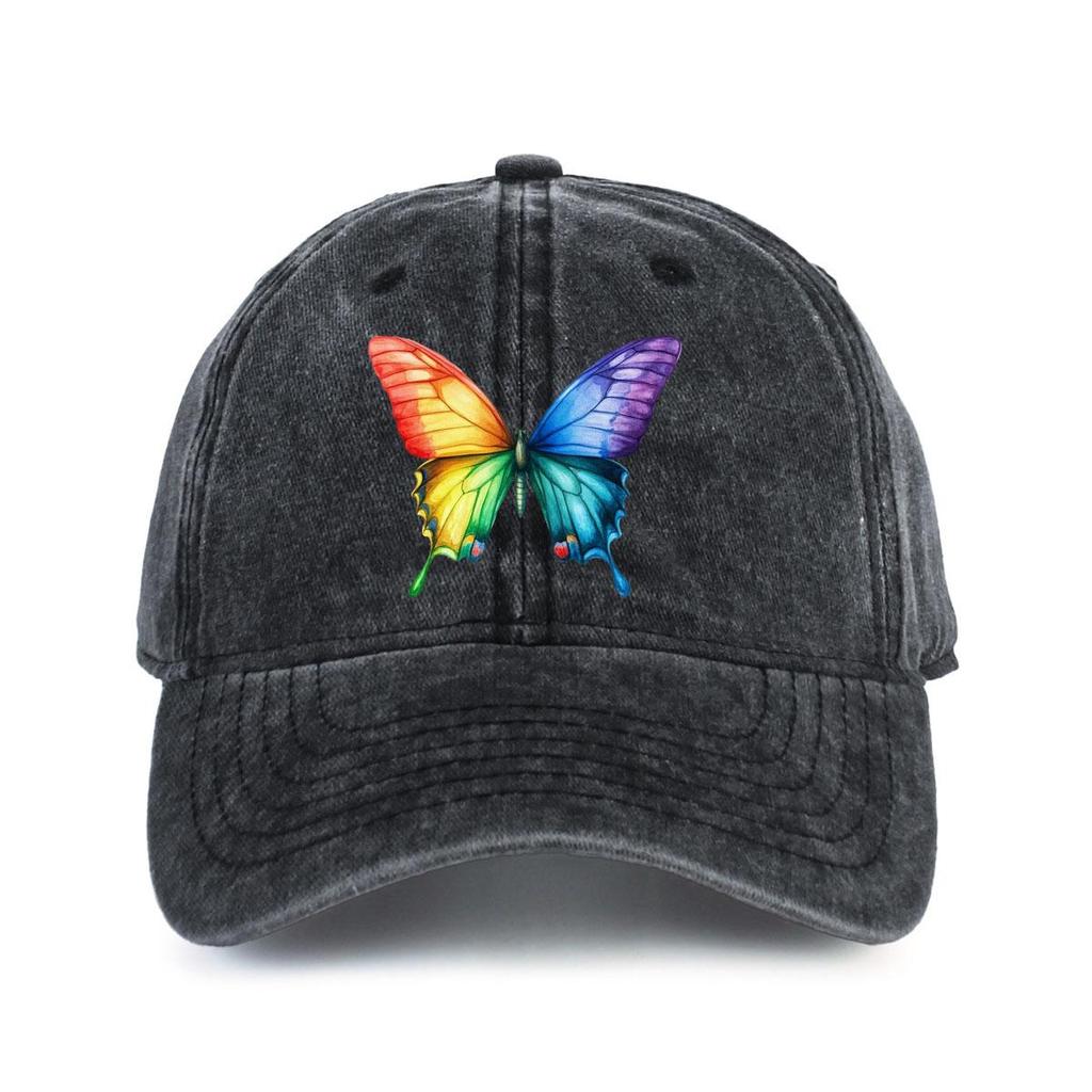 Rainbow Butterfly Print Polyester Baseball Cap Distressed Denim Style Casual Outdoor Adjustable Hat