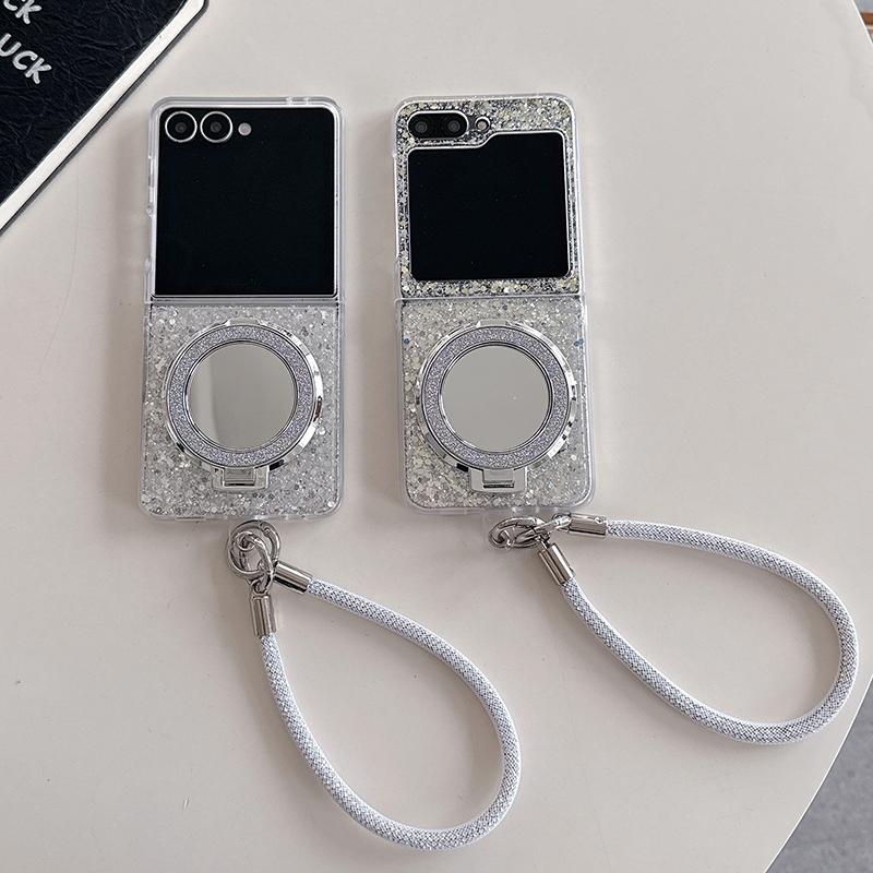 Korean Glitter Cute Phone Case For Samsung Galaxy Z Flip 8 7 6 5 Z Flip7 Flip6 Flip5 Cover with Stand Holder Chain Cases Funda