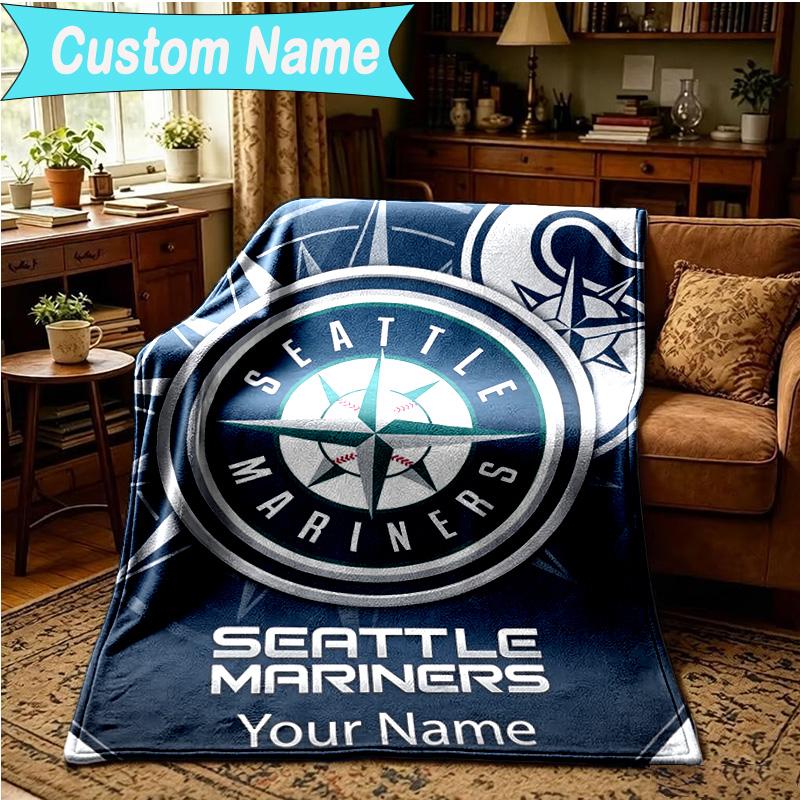 1PC Custom Name Blanket Mariners Team Logo Flannel blankets Patterns Throw Blanket All-Season Soft Gift for Couch, Bed, Camping, Birthday gifts