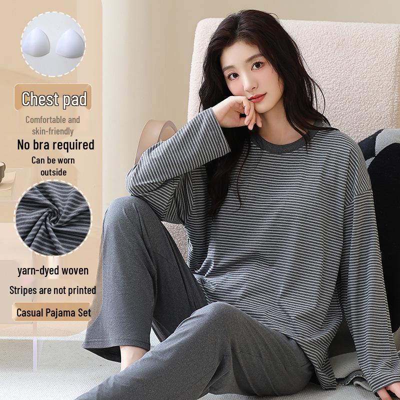 Женская осенняя пижама с круглым вырезом, в полоску, с длинным рукавом и нагрудными вкладышами - Повседневный комплект больших размеров для дома и улицы