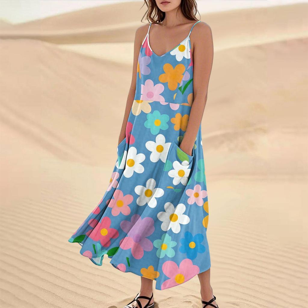 Women's Casual V Neck Floral Print Sleeveless Pocket Suspender Dress