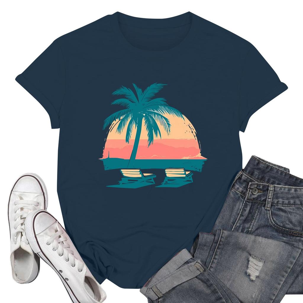 Women's Fashion Casual Printed Short Sleeve Round Neck Pullover Tops