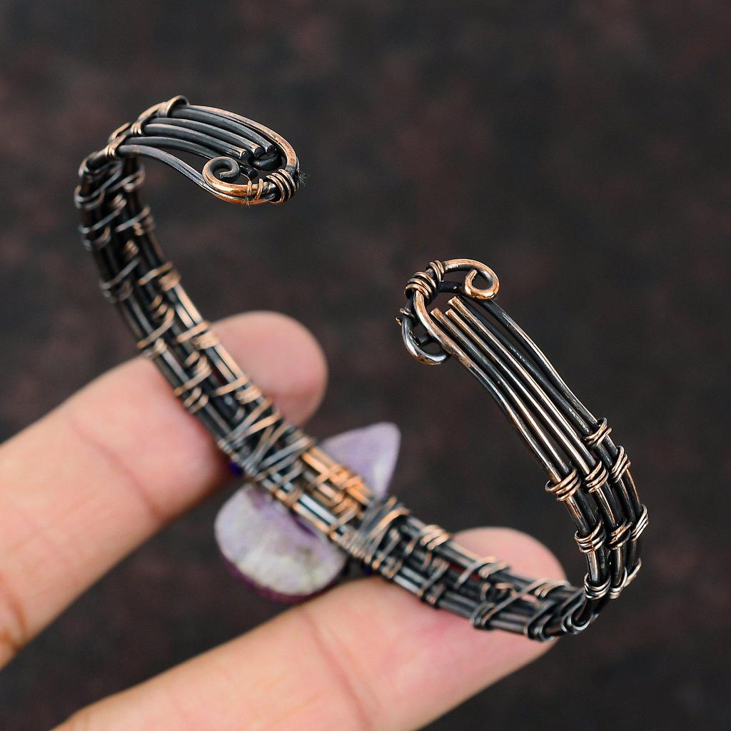 Браслет-манжета из пурпурита Синий халцедон и лазурит Бусы Браслет Медная проволока Обернутые каменные украшения Регулируемый браслет Браслет ручной работы