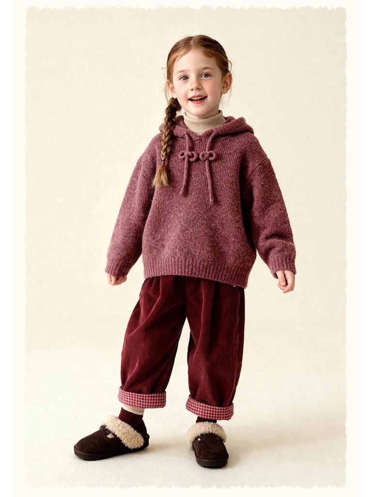 Зимний однотонный худи для девочек 2025 года - Вязаный кардиган из смесовой хлопково-шерстяной пряжи