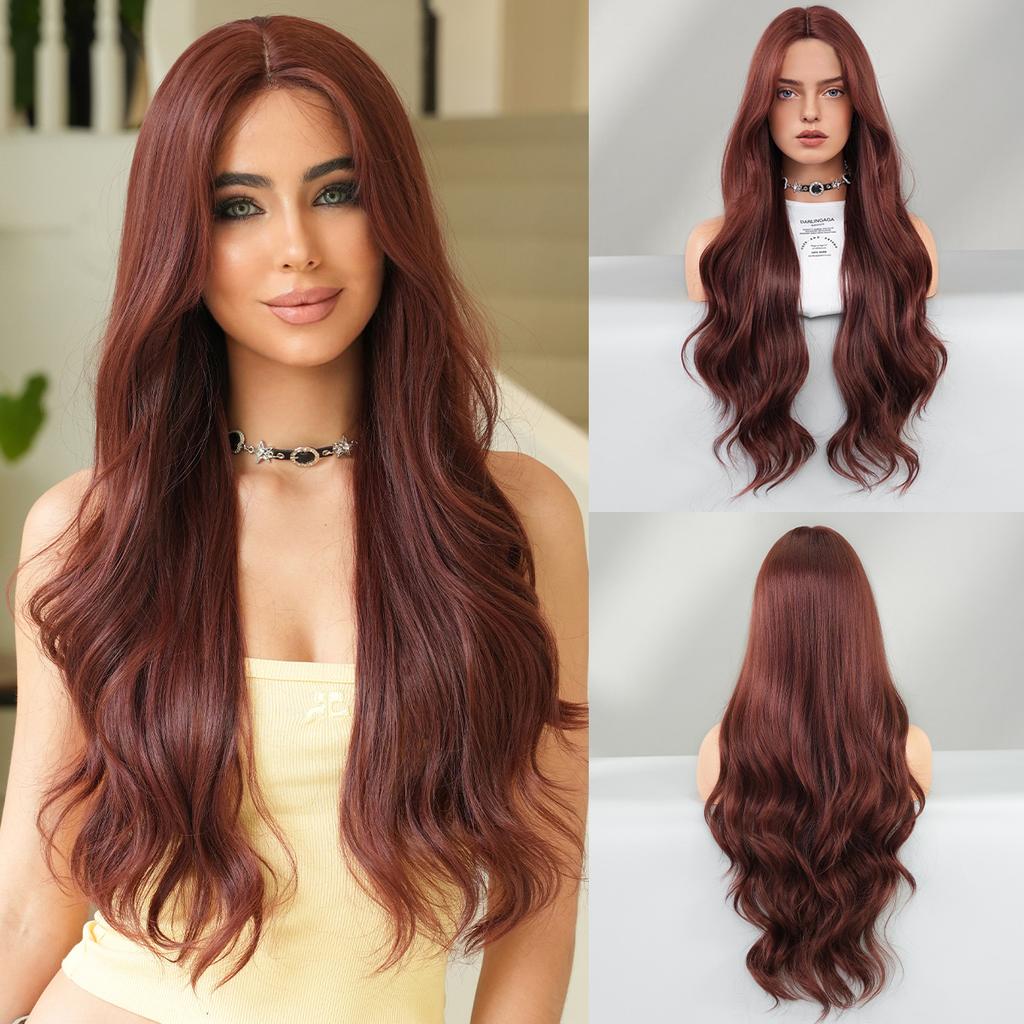 Женский коричневый парик с кружевной передней частью, ручной работы, длинный волнистый парик, пробор посередине, крупные волны, накладка для волос