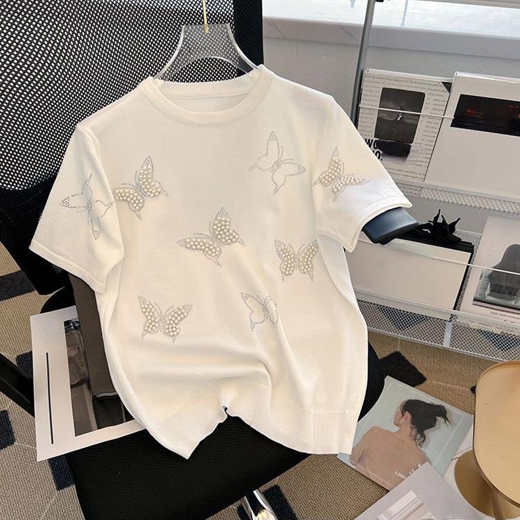 Short Sleeve Knitted T-shirts Women Summer Pullover Top Loose Chic Butterfly Nail Bead Fashion Casual Soft Women's Clothing