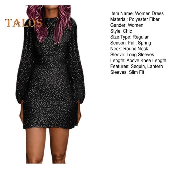 Осенне-весеннее женское платье с длинными рукавами-фонариками, круглым вырезом и пайетками, облегающее мини-платье для выпускного вечера, банкета, короткое платье