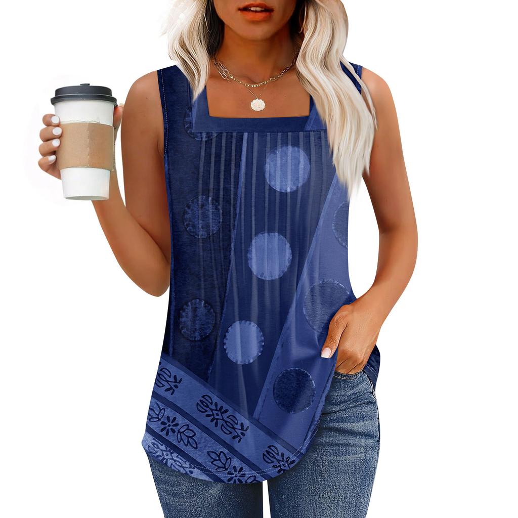 Майка для женщин Летние наряды Без рукавов Блузки с принтом Повседневные свободные рубашки Плиссированные квадратные вырезы