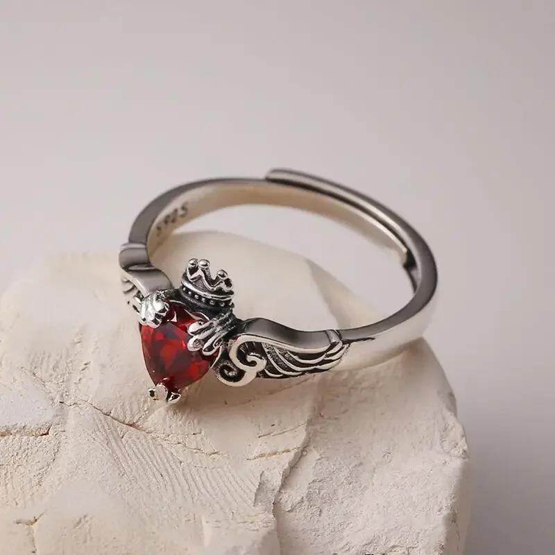 925 Silver Heart Red Zircon Rings for Women Wedding Luxury Jewelry Accessories Engagement Ring Y2k Gothic Lolita Style