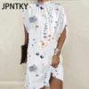 JPNTKY Women's Fashion Summer Spring Floral Print Short Sleeve Half Turtleneck Casual Dresses