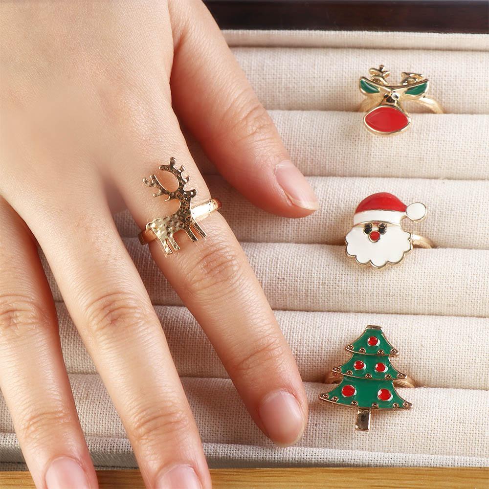 Christmas Tree Enamel Santa Claus Ring Dripping Oil Xmas Jewelry Ornaments Friend