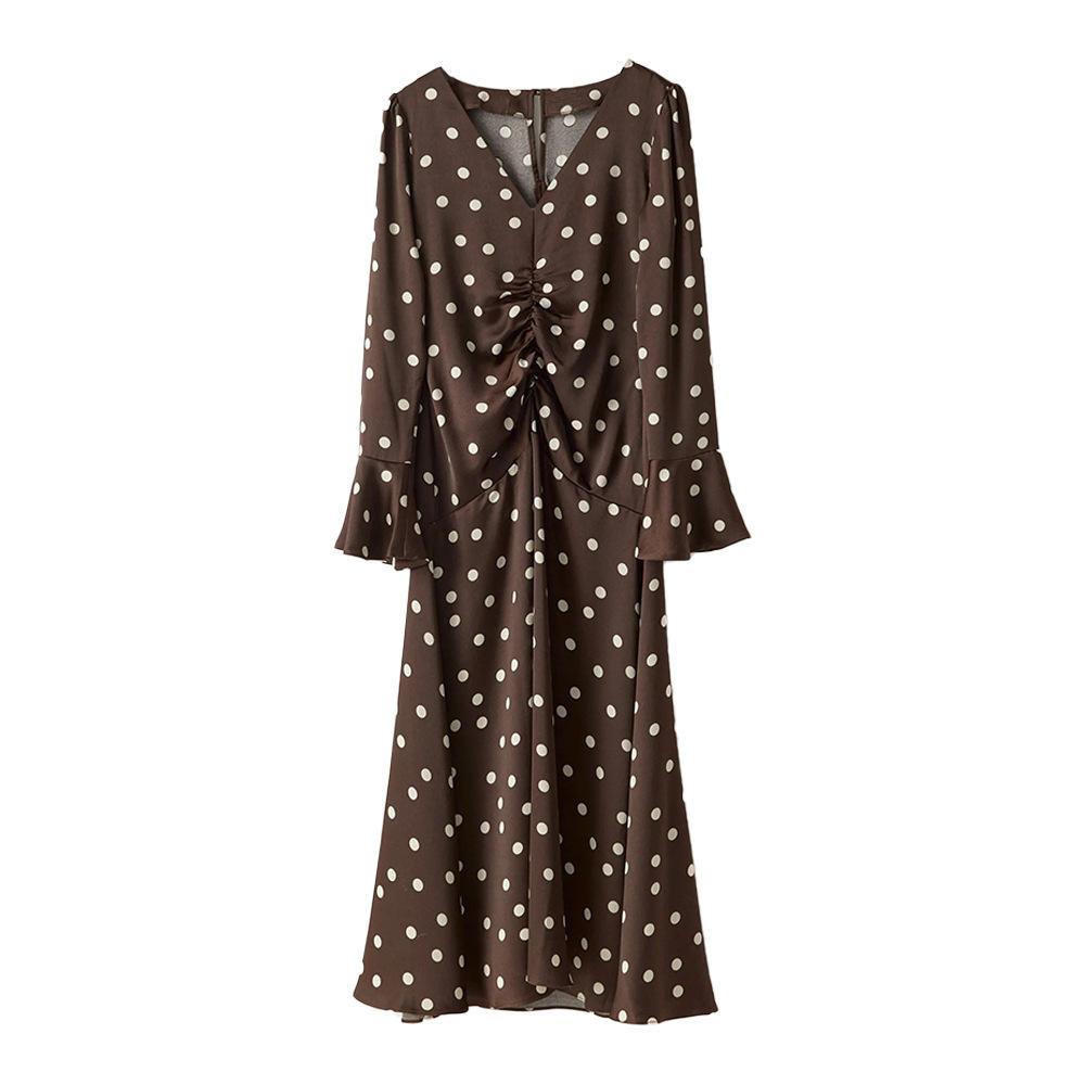 Платье с длинным рукавом в горошек, летнее новое женское платье в европейском и американском стиле, плиссированное, с V-образным вырезом, расклешенным рукавом, с поясом