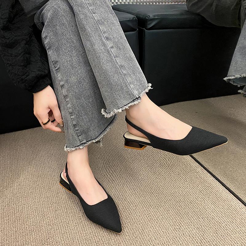 Модные женские сандалии 2024 года, новые модные сандалии Baotou, простые однотонные элегантные с острым носком, женские туфли на низком каблуке для вечеринок, Zapatos