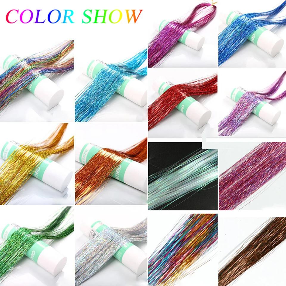 WTB Synthesis Neon Rainbow Sparkle Shiny Hair Tinsel Rainbow Silk Hair Extensions Dazzles Women Hippie for Braiding Headdress