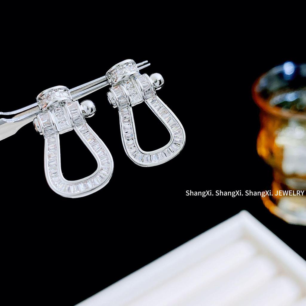 Luxury Zircon Horseshoe Buckle Earrings for Women, s925 Silver, Fashionable & Versatile for Elegant Style