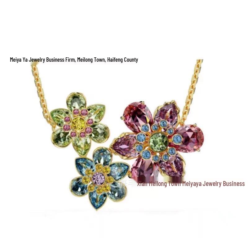 Shi Family Ldyllia Flower Pendant Necklace, Open Ring, and Elegant Colored Earring Set