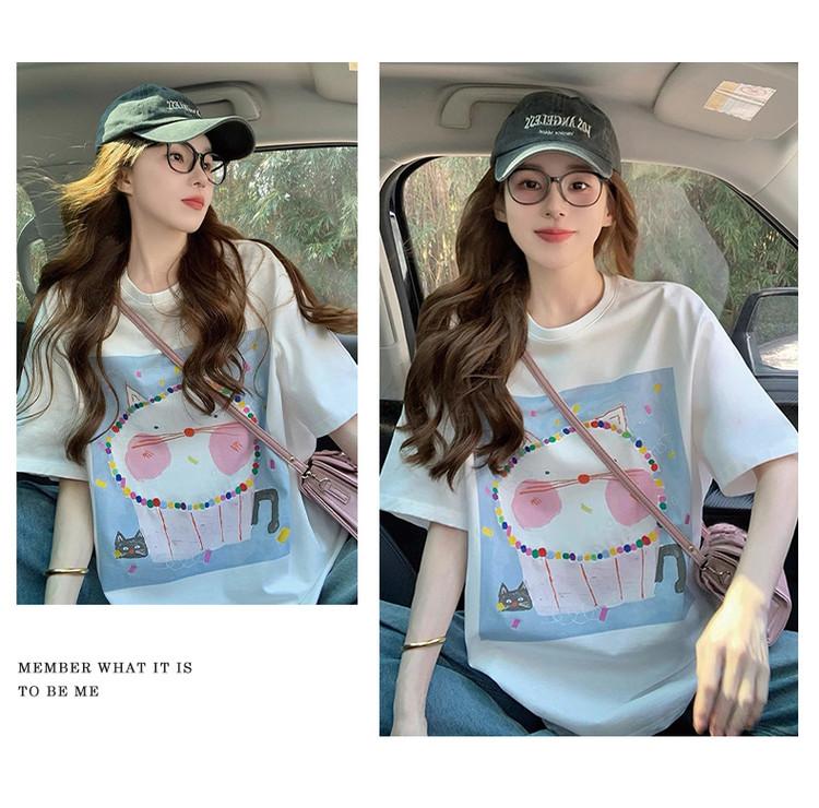 White Cartoon Cat Print T-Shirt for Women