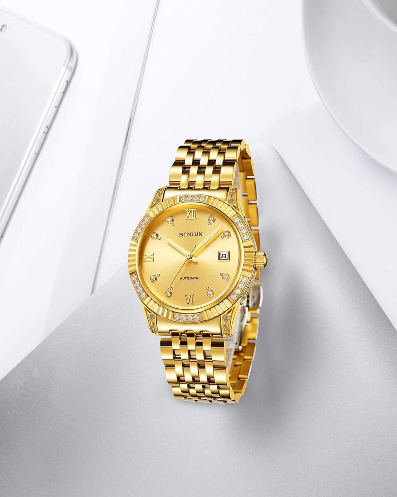 BINLUN механические автоматические часы с датой золотые роскошные сапфировые устойчивые к царапинам мужские часы, (Ручная обмотка) Часы, Дисплей, Бриллиант, Часы, Простые,