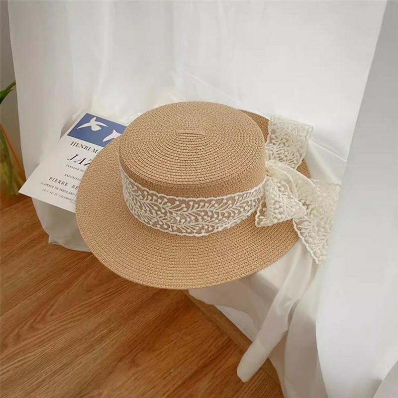 Summer Beach Straw Hat For Women Lace Bow Wide Brim Sun Protection Hat Travel Fashion Vacation Sunscreen Cap Mountaineering Hat