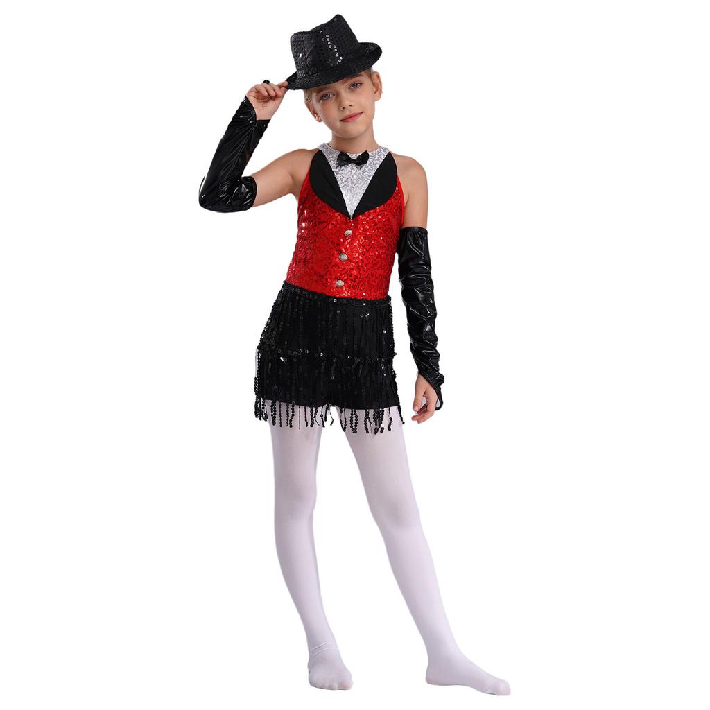 Латинский джазовый танцевальный купальник для девочек, без рукавов, с вырезом-замочной скважиной на спине, с пайетками, кисточками, металлическими перчатками и шапочкой