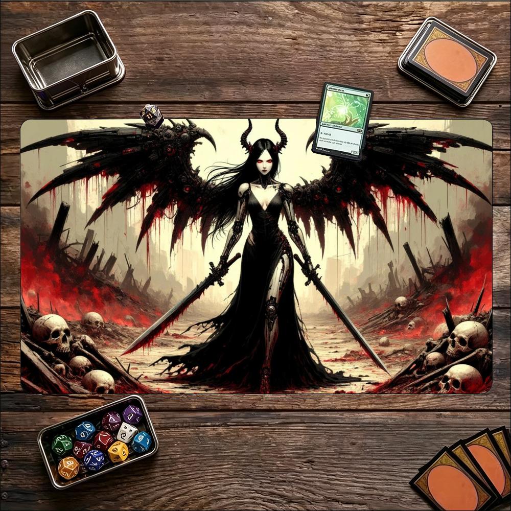Extra Large Playmat Dark Fallen Angel Fantasy Print Stitched Border Anti‑Slip Rubber Mat For Board Card Game Gaming Home Office