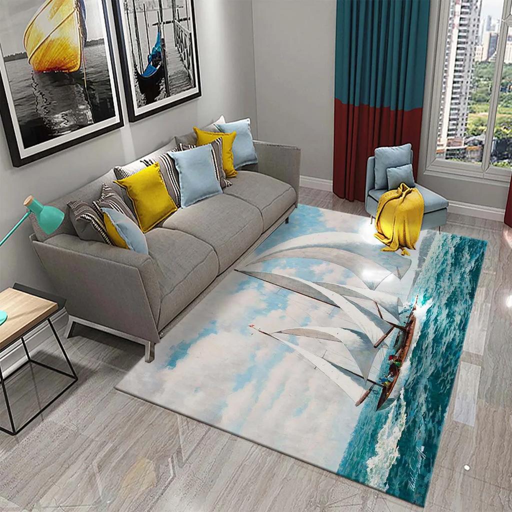 3D Oil Painting Sailboat Carpet Abstract Art Rugs for Living Room Bedroom Decor Mats Bathroom Kitchen Entrance Non-Slip Carpet