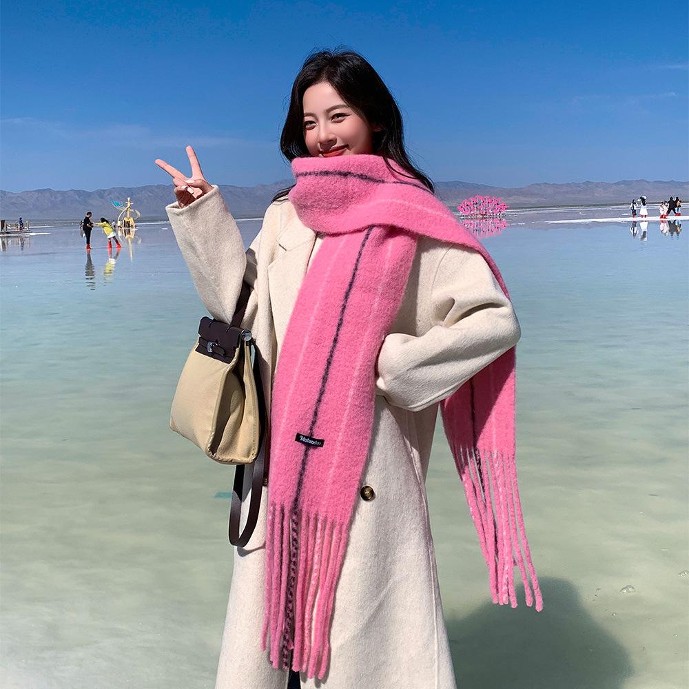 Wool blended striped fringed scarf female winter manufacturer wholesale thickened warm versatile knitted thickened scarf