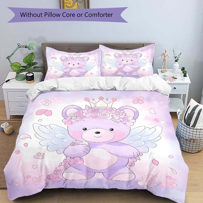 3pcs Purple Bear Pattern Bedding Three-Piece Set (1 Cover + 2 Pillowcases, No Fillings), This Printed Bedding Set Is Soft and Comfortable, S