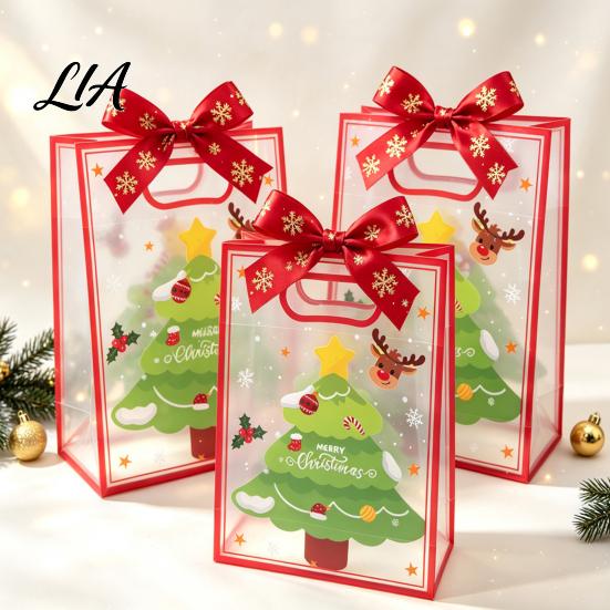 Reusable Present Holders Christmas Gift Bags with Handles, Clear PP Treat for Party Favors Candy Apples Cookies, Holiday Favor Packaging Ribbon Bow