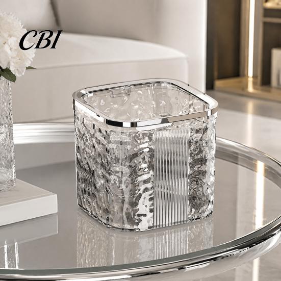 Small Trash Bin for Desk Desktop Can with Pop-Up Lid, Transparent Glacier Texture Waste Compact Bedroom Bin, Plastic Garbage Container Bathroom Office