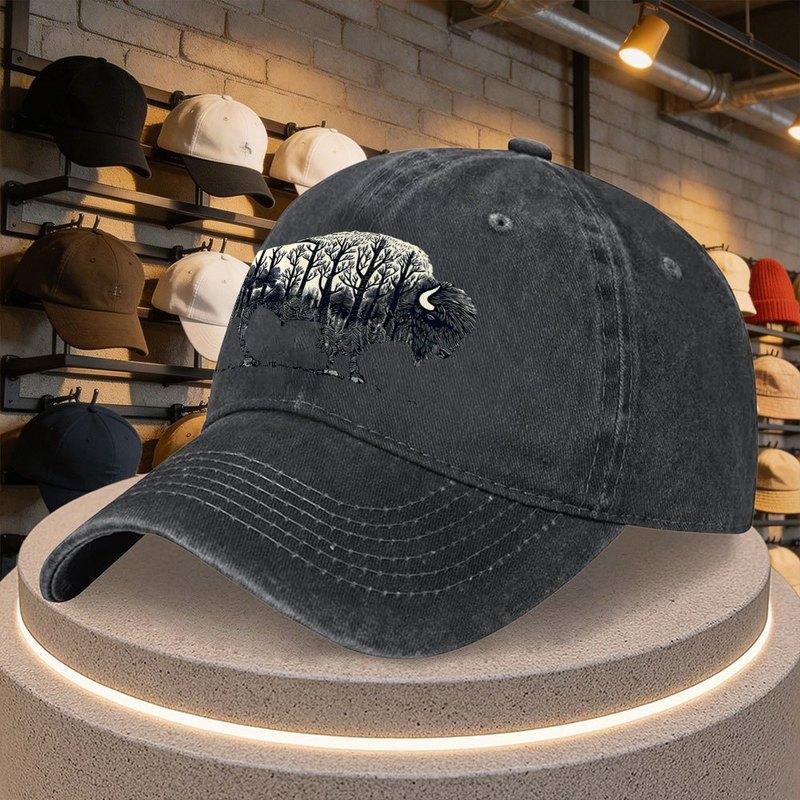 Wild Buffalo Forest Texture Printed Baseball Cap Adjustable Duckbill Hat for Outdoor Parties Casual Wear