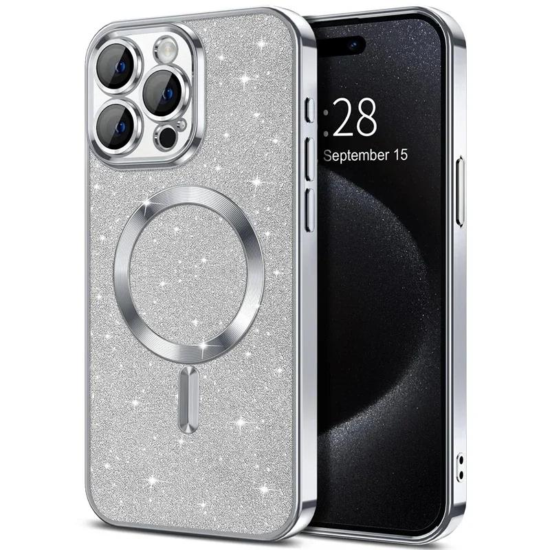Electroplate Glitter Case For For Iphone 16 15 14 13 12 11 Pro Max Plus For Magsafe Wireless Charge Bumper Cover With Lens Protector