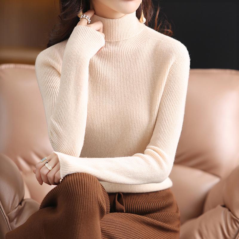 Women's High-Neck Pure Wool Sweater - Autumn/Winter Knitted Style, Stylish Tight-Fit Base Layer