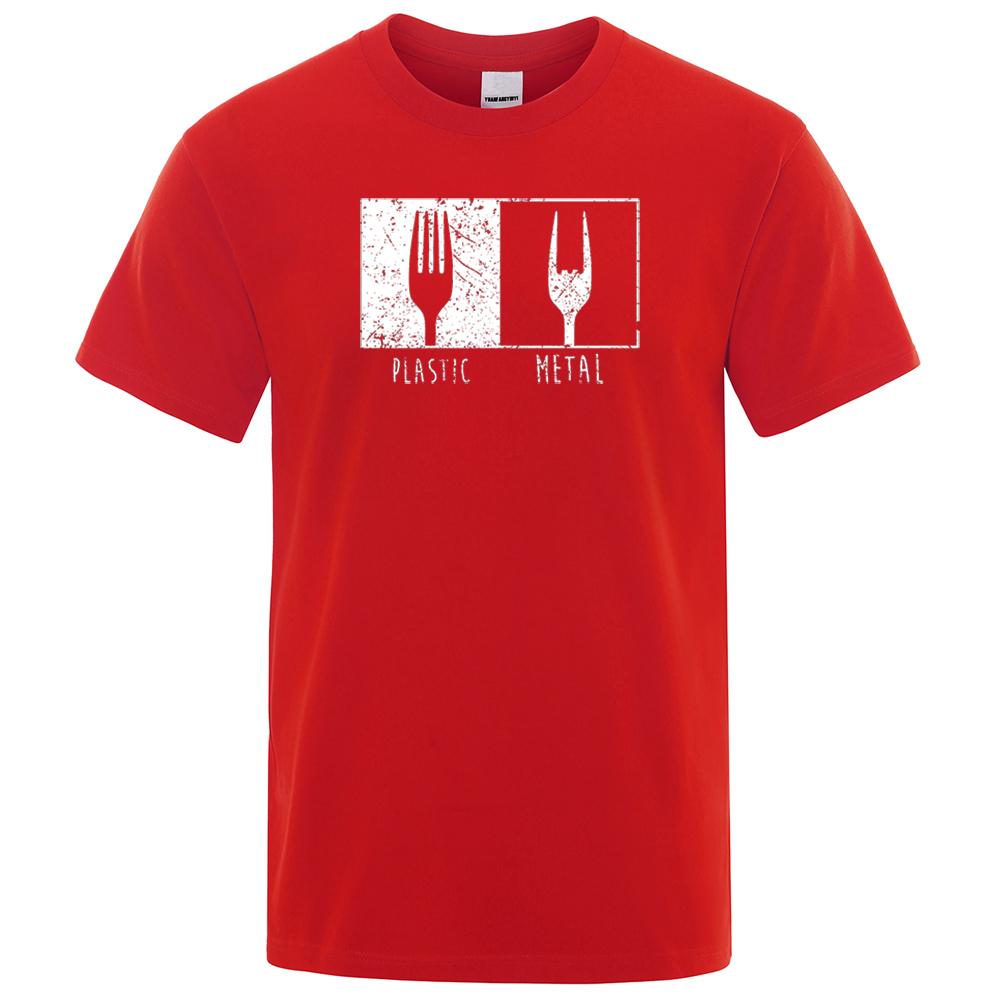 Узор из повседневных предметов Металлическая пластиковая вилка Футболка Хлопок Короткий рукав Мужские футболки Панк Хип-хоп Футболки Винтажная уличная одежда