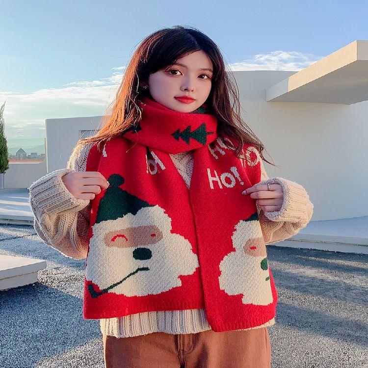 Красный шарф Санта-Клауса для женщин на зиму, универсальный, утолщенный и теплый, для студентов, для пары, новогодний подарок, вязаный длинный шарф