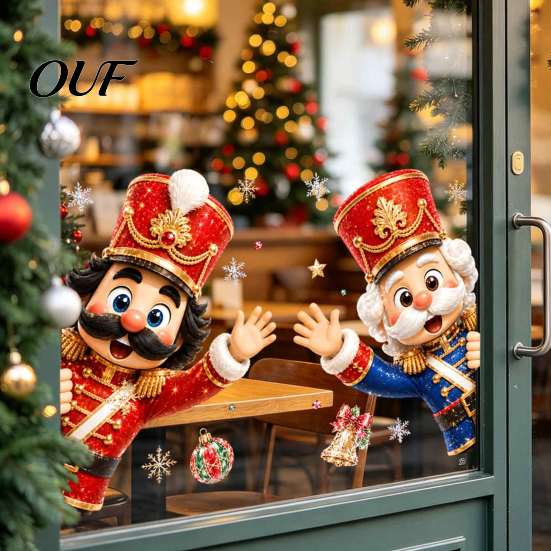Decorative Window Film Christmas Static Clings, Removable Glass Decals, Snowman Santa Reindeer Nutcracker Winter Holiday Art with Snowflakes, Reusable