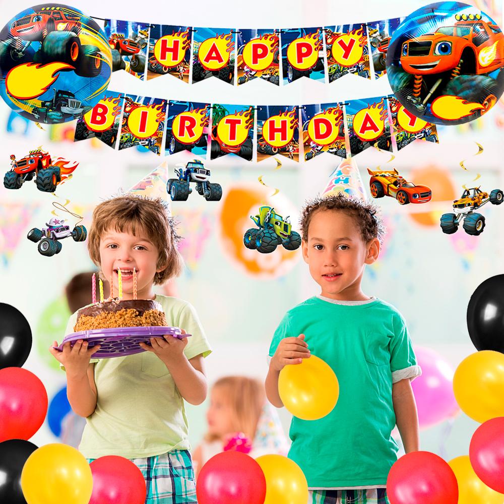 Monster Truck Birthday Party Supplies,119pcs Monster Machines Party Plates and Napkins Cups Table Cloth Banner Balloons Cake Topper Ect