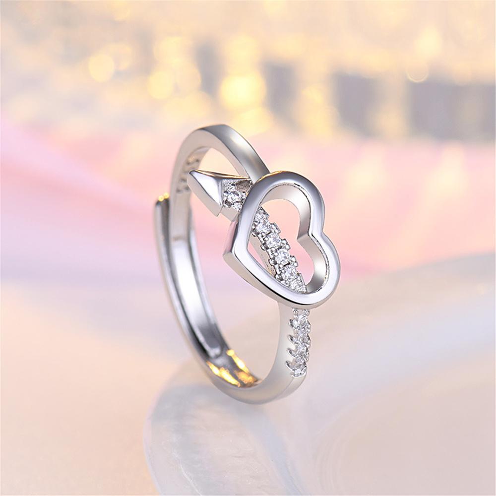 Cute Female Small White Zircon Stone Heart Arrow Adjustable Open Ring Vintage Silver Rose Gold Color Wedding Jewelry For Women