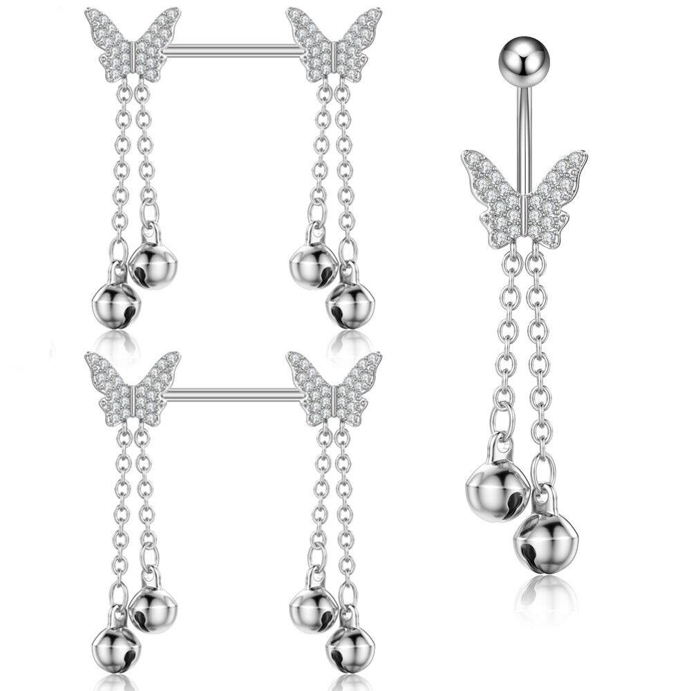 3PCS 14G Stainless Steel Butterfly Nipplerings Nipple Tongue Belly Button Rings CZ Opal Barbell Body Piercing Jewelry