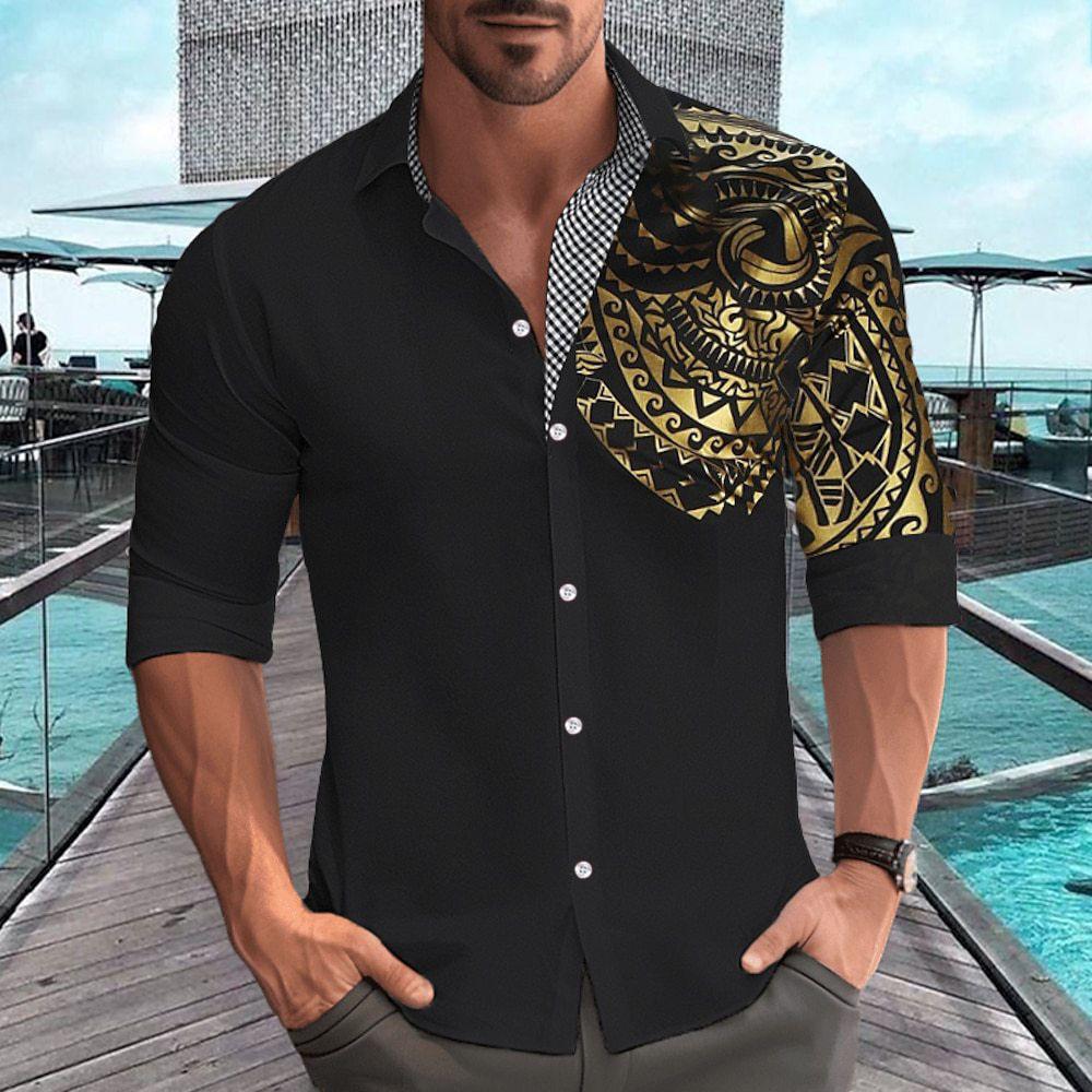 Men's Black Asymmetrical Tribal Print Shirt - Contrast Collar Button-Up Casual Top with Rolled Sleeves
