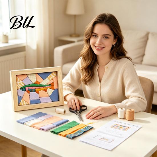 Textile Crafting Supplies DIY Fabric Art Kit, Handmade No-Sew Mosaic Wall Craft with Decorative Hanging Crafts Frame, Beginner Friendly Cute